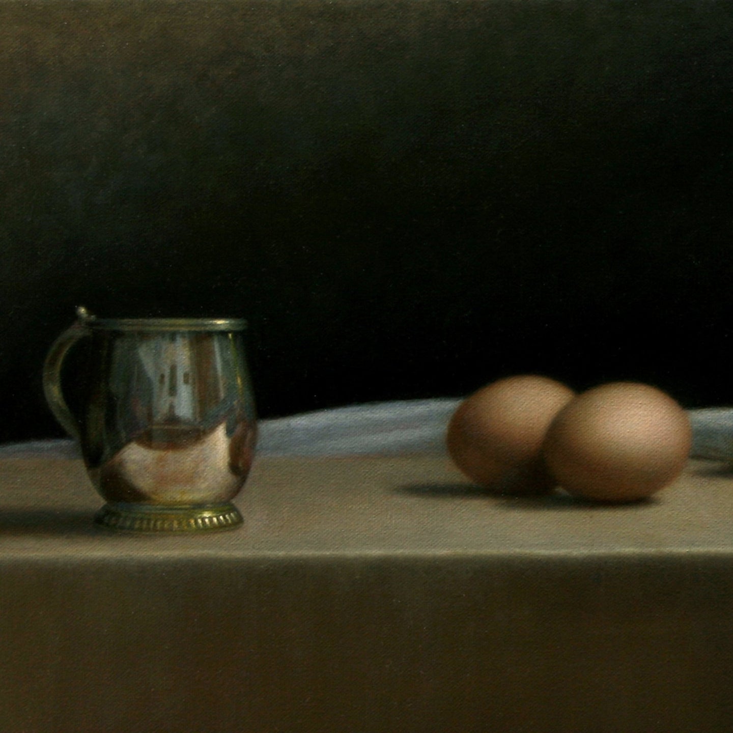 Original Dutch Masters inspired oil painting for sale: "Still Life with Eggs and Buddha" by Marcus Callum ArtistOriginal Painting: "Still Life with Eggs and Buddha" (Available)